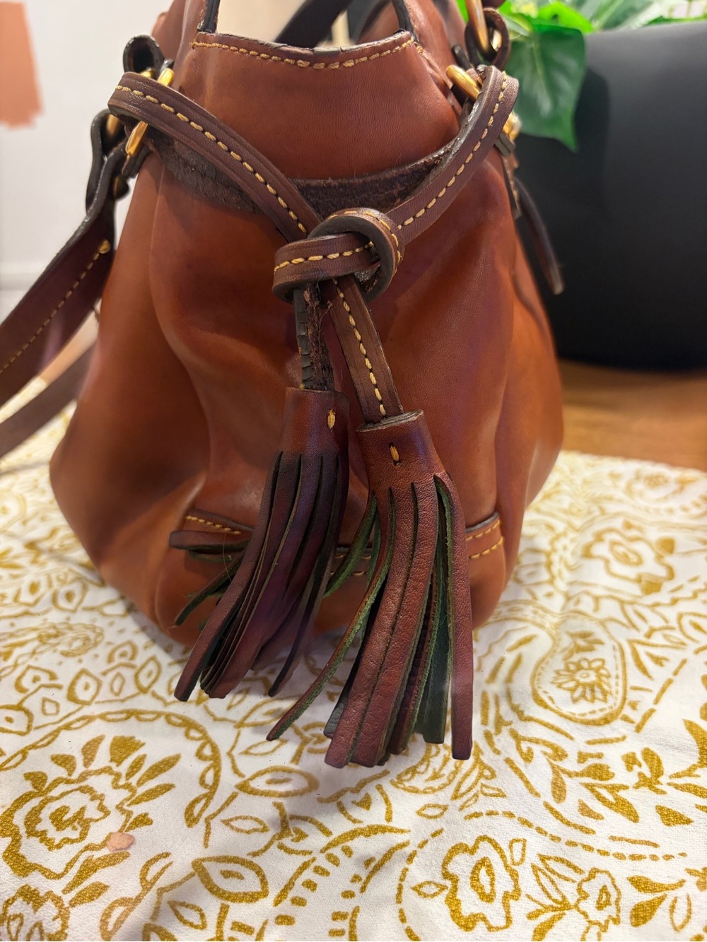 Dooney & Bourke Cognac Leather Satchel with Dark Brown Trim - Picture 3 of 14